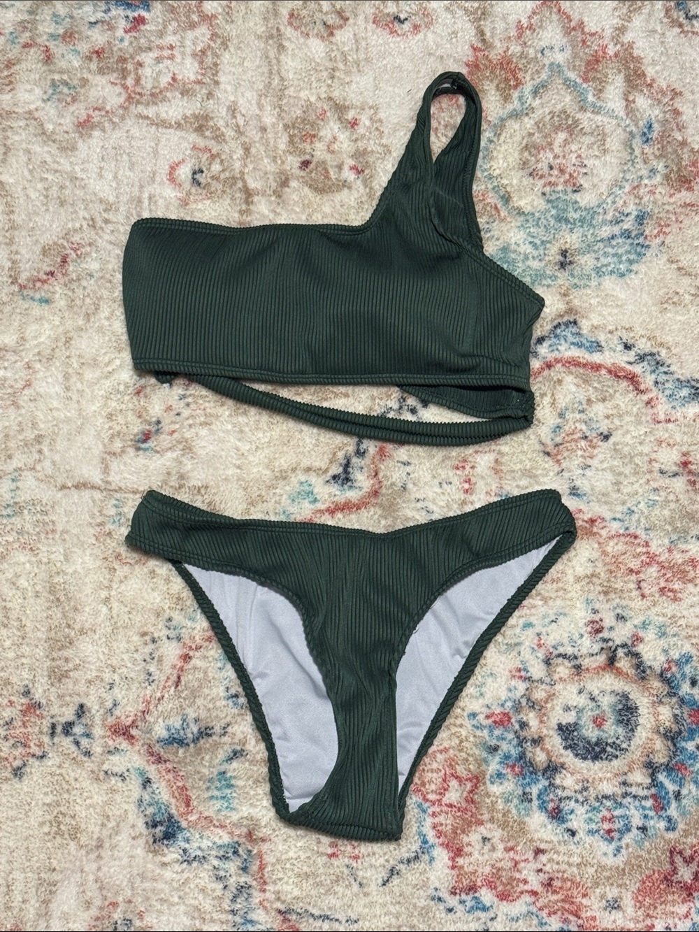 NWOT One-Shoulder Dark Green Ribbed Bikini Set
